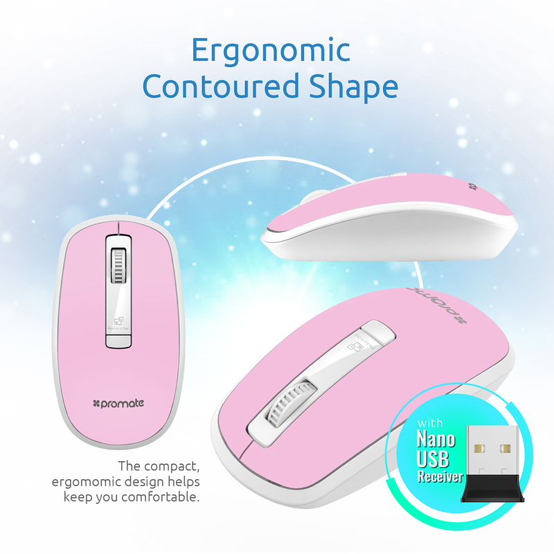 Promate CLIX-3 2.4 Ghz USB Wireless Ergonomic Mouse, Precision Scrolling for Windows Mac, Pink
