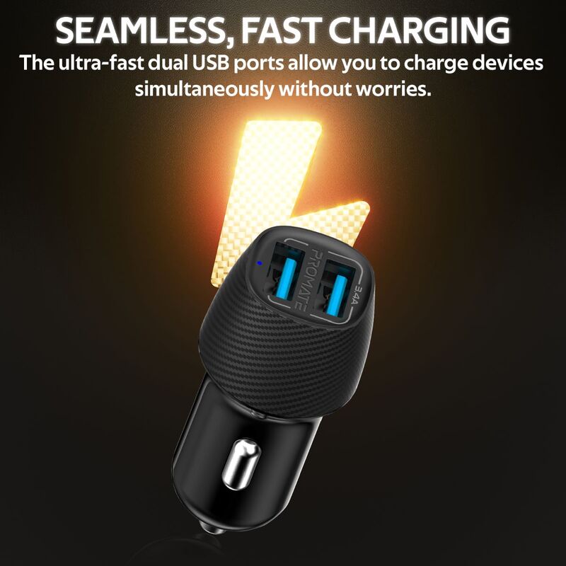 Promate VolTrip Duo 3.4A Fast Charging Car Charger, with Smart Output and Short Circuit Protection, Black