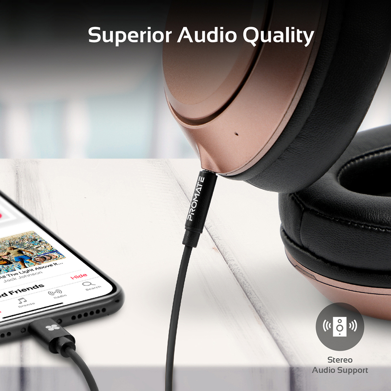 Promate 2-Meter AudioLink-LT2 Lightning AUX Cable, Lightning Male to 3.5mm AUX, Apple MFi Certified, Headphone Jack Adapter Stereo Audio, Digital Analog Converter for Bose/Marshall, Black