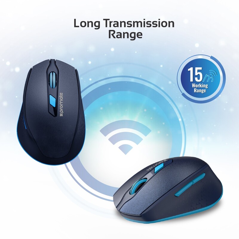 Promate CLIX-6 Wireless Mouse, 2.4G Ergonomic Designed with USB Nano Receiver, 15m Working Distance, Auto Sleep Function and 3 Adjustable DPI, Blue