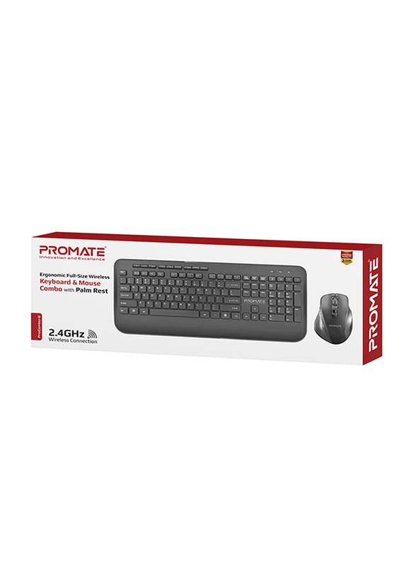 Promate ProCombo-8 Ergonomic Sleek 2.4Ghz Full-Size Wireless English Keyboard with Palm Rest and 1600 DPI Mouse, Nano USB Receiver and Auto-Sleep Function, Black