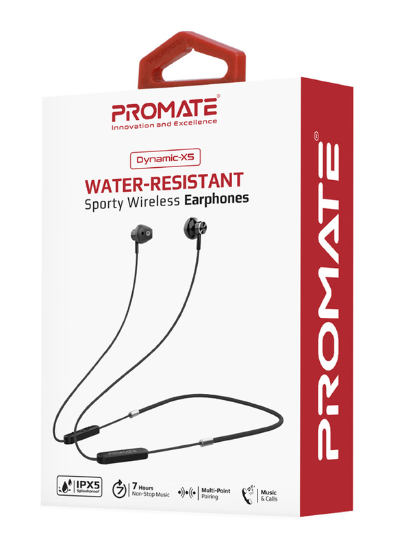 Promate Dynamic-X5 Bluetooth In-Ear Noise Isolation Neckband Sporty Earphones with Built-in Mic, IPX5 Water Resistant, Black