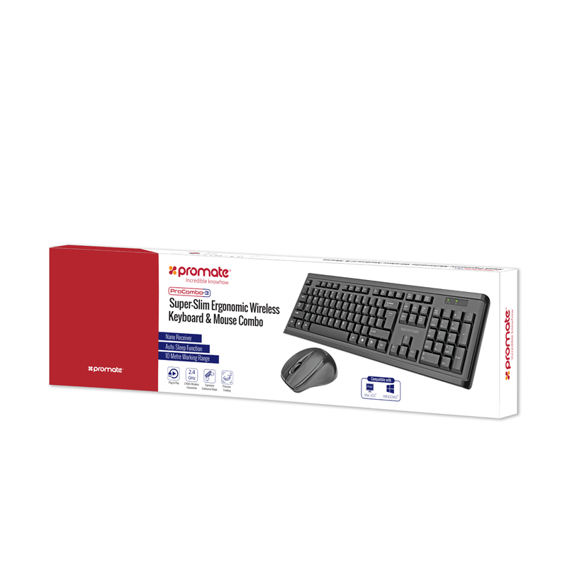 Promate ProCombo-3 Wireless Keyboard and Mouse, Full-Size Super-Slim 2.4GHz Cordless with Nano USB Receiver and Auto Sleep, Black