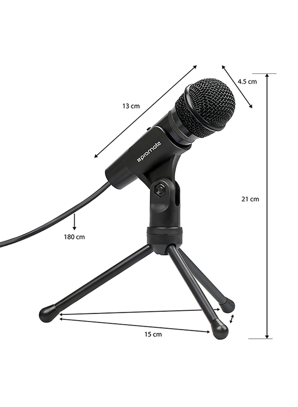 Promate Tweeter-9 Condenser Microphone for Laptop/PC/Digital Voice Recorder PC, 3.5mm Connector Stereo Multimedia Condenser Vocal Microphone Stand, Black