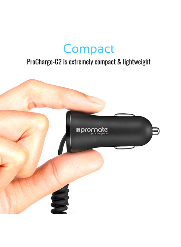 Promate ProCharge-C2 Car Charger, Fast 3.4a Dual USB Car Charger with Built-in 1.8m USB Coiled Cable, LED Indicator and Over-Heating Protection for GPS, MP3 Player, Mobile Phones and Tablets, Black