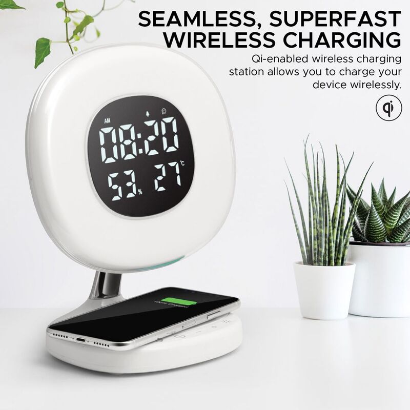 Promate AuraRise Wireless Charging Alarm Clock, Soothing Touch Control 6 Color LED Night Light, Wake-Up Digital Alarm Clock, 10W Fast Qi Wireless Charging for Home, Qi-Enabled Smartphones, White