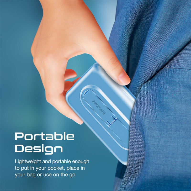 Promate 10000mAh Magnetic Wireless Power Bank with 15W Magnetic Wireless Charger 20W USB-C Power Delivery Port, 18W QC 3.0 Port and Foldable Stand for iPhone 13, iPad Air PowerMag-10Pr, Blue