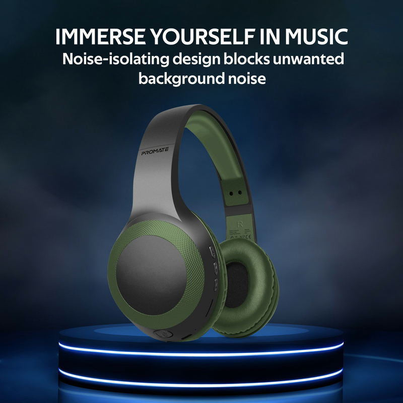 Promate Laboca Wireless Over-Ear Deep Bass Headphones with Built-in Mic, MicroSD Card Slot, Midnight Green