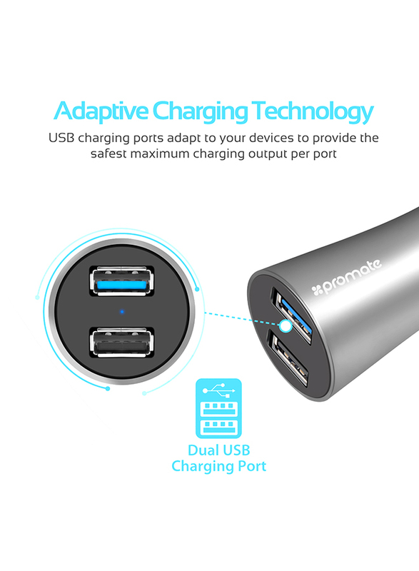 Promate Robust-QC3 Car Charger, Heavy-Duty Qualcomm Quick Charger 3.0 Dual USB Port Car Charger with Short Circuit and Over Charging Protection for GPS, iPod, Mobile Phones and Tablets, Grey