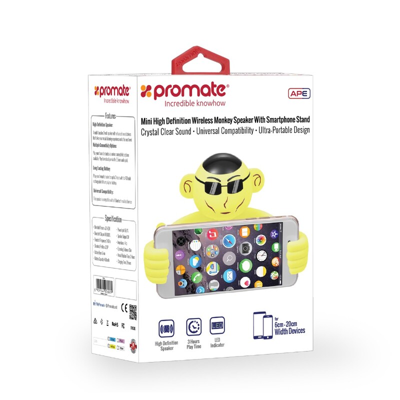 Promate Ape Bluetooth Speaker, Portable Monkey Shape Multifunction Wireless with 3.5mm Audio Jack and Thumbs-up Adjustable Flexible Smartphone Holder, Yellow