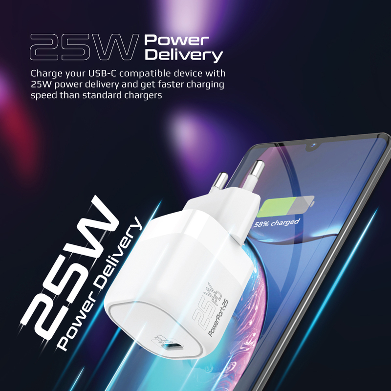 Promate GaN Ultra-Compact USB-C EU Wall Charger with Fast-Charging USB-C 25W Power Delivery Port, PowerPort-25, White