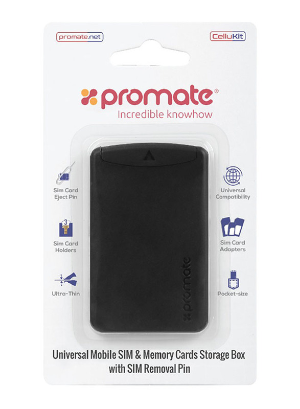 Promate Cellukit 4-In-1 Sim Card Holder Case, Ultra-Slim Sim Card Adapter kit with Memory Card Storage, Steel Tray Eject Pin and 3M Grip Pad, Black