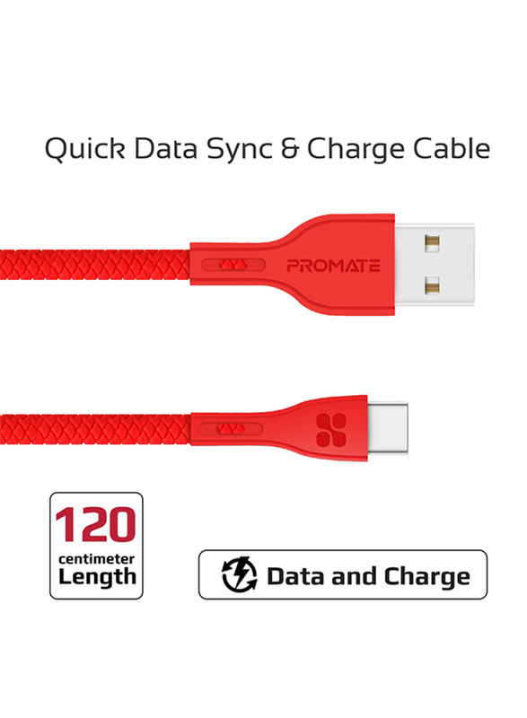 Promate 1.2-Meter PowerBeam-C USB Cable, Durable 2A Ultra-Fast USB-A Male to USB-C, High-Speed Data Transfer, Over-Charging Protection, Over-Charging Protection for Type-C Enabled Devices, Red