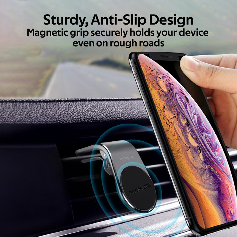Promate AirGrip-3 Universal Air Vent Magnetic Holder with Quick Clip Mounting, Secure Vent Grip, Anti-Slip and 360 Degree Rotation, GPS, Grey