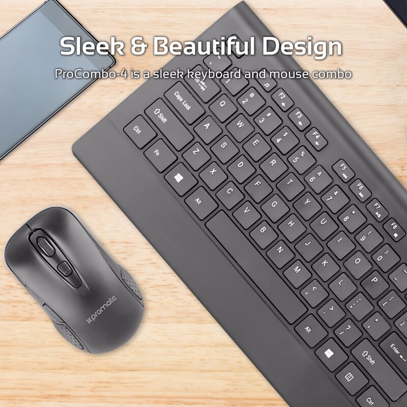 Promate ProCombo-4 Wireless Keyboard and Mouse, Ergonomic Ultra-Slim 2.4GHz Cordless Keyboard and 5 Button DPI Mouse with Wrist Rest Panel and Auto-Sleep Function, Black