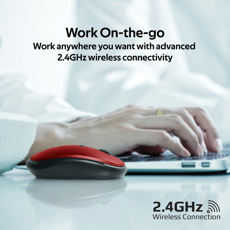 Promate Hover Wireless Sleek Precision Tracking Ergonomic Optical Mouse, Red