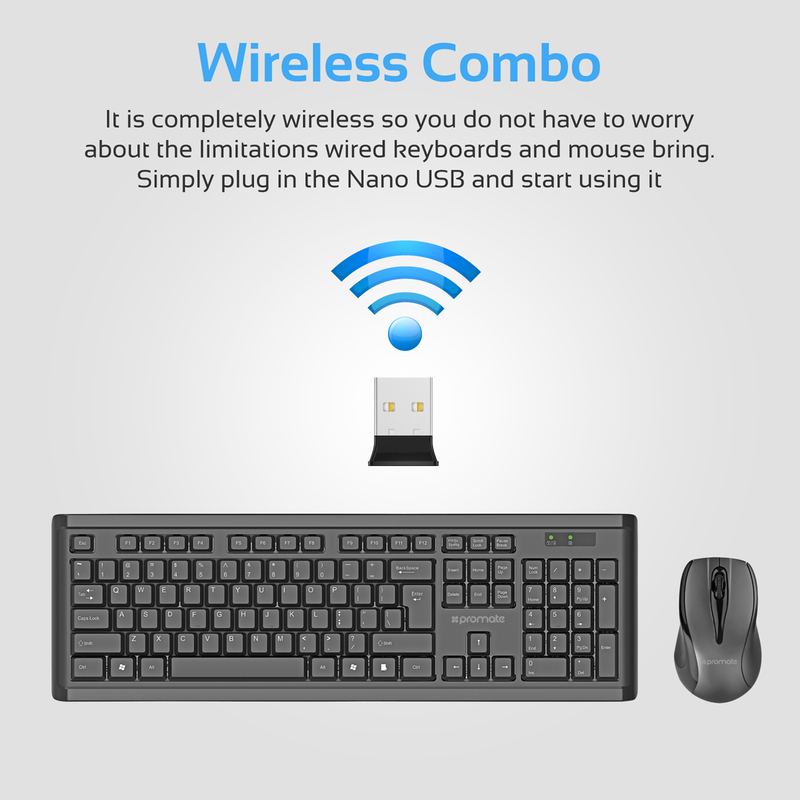 Promate ProCombo-3 Wireless Keyboard and Mouse, Full-Size Super-Slim 2.4GHz Cordless with Nano USB Receiver and Auto Sleep, Black
