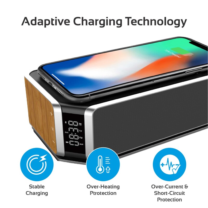 Promate AuraBoom Bluetooth Speaker, Powerful 10W with Qi Wireless Charging Station, TF Card Slot, Audio Jack, Built-In Mic, LED Alarm Clock, Time Display and FM Radio, Beige