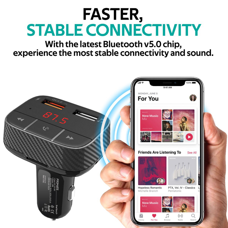 Promate SmarTune 2+ Car Charger, Wireless Radio Adapter Hands-Free Car Kit, with Ultra-Fast Quick Charge 3.0 Port, Bluetooth V5.0, FM Transmitter, Remote Control and LED Display, Black