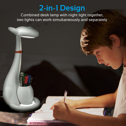 Promate Tom Kids Night Light, Portable Pen-Holder Touch Sensitive LED Night Light, 3 Level Dimmable Reading Light, 3 Colour, 180 Degree Rotatable Neck for Studying/Reading/Table/Home, White