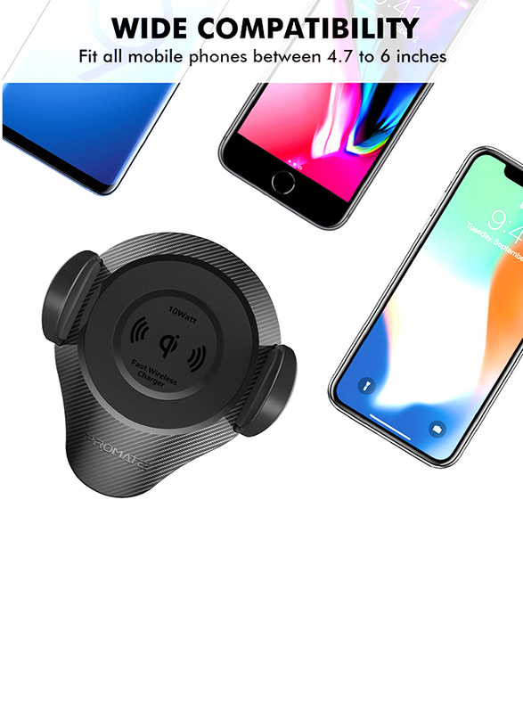 Promate AlphaMount Qi Wireless Car Charger Mount, 10W Fast Charging Car Phone Anti- Slip Holder with Dashboard Windshield Air Vent Mount and 360 Swivel Head, for Mobile Phones, Black