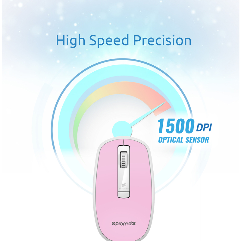 Promate CLIX-3 2.4 Ghz USB Wireless Ergonomic Mouse, Precision Scrolling for Windows Mac, Pink