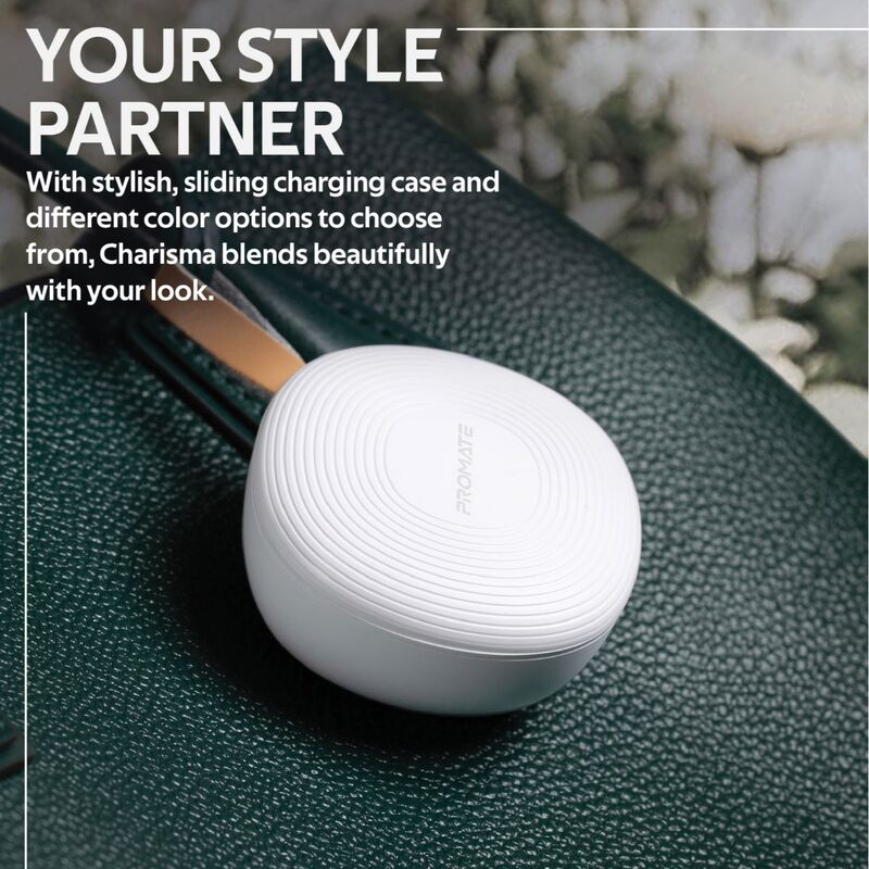 Promate Charisma True Wireless In-Ear Earbuds, Bluetooth 5.0, Stylish TWS Stereo with Touch Control, Charging Case, Anti-Drop Ear Hooks, 24H Playtime and Built-In Mic, White