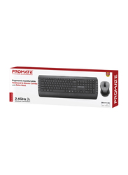 Promate Procombo-10 Wireless English/Arabic Keyboard and Mouse, 2.4GHz Keyboard with 1600DPI Mouse and Silent Keys, 1600Dpi, Nano USB Receiver for PC/Desktops/Windows/IOS, Black