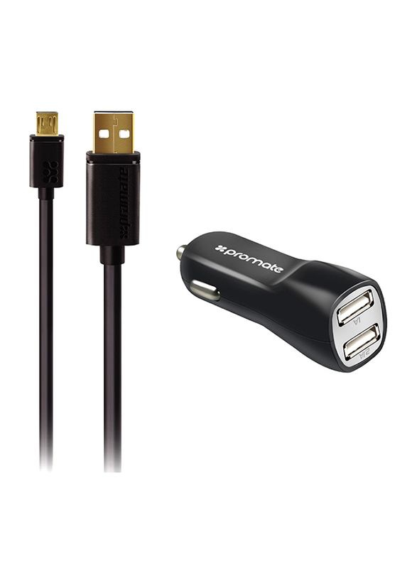 Promate CarKit-M Car Charger, 3.1A Dual USB Port Car Charger with Micro-USB Sync and Charger Cable, for Smartphone and Tablets, Black
