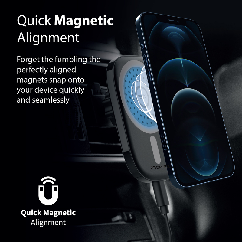 Promate Magnetic 15W Qi Wireless Car Charger with 360 Degree Rotation Phone Holder, VentMag-15W, Black