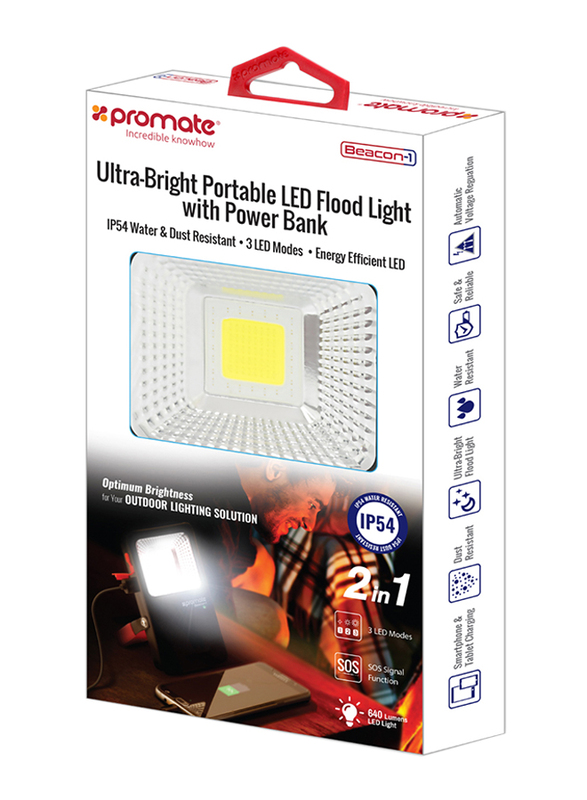 Promate Beacon-1 LED Flood Light, Ultra-Bright Wireless, 5400mAh Rechargeable Power Bank, IP54 Water and Dust Resistance, Foldable Stand for Emergency/Hiking/Camping, Black
