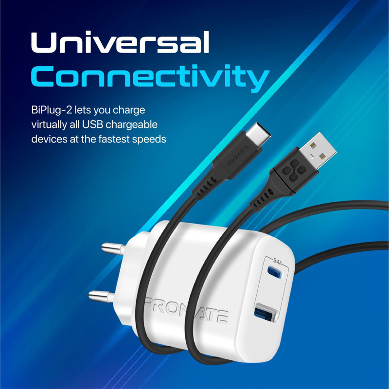 Promate USB-C EU Wall Adapter, Universal 17W Multi-Port Charger with 5V/3A Type-CPort, 5V/2.4A USB-A Port, BiPlug-2 EU, White