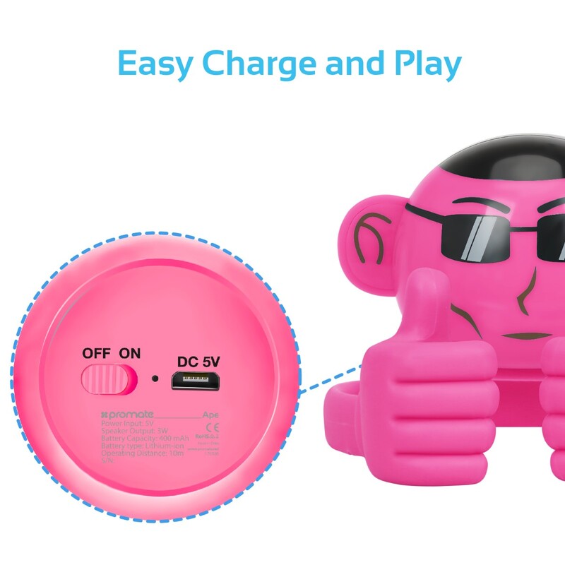 Promate Ape Bluetooth Speaker, Portable Monkey Shape Multifunction Wireless with 3.5mm Audio Jack and Thumbs-up Adjustable Flexible Smartphone Holder, Pink