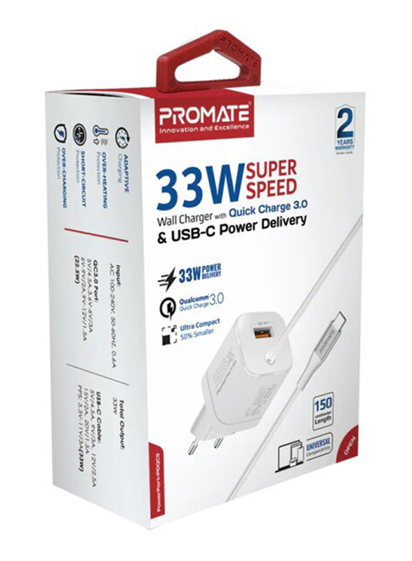 Promate USB-C EU Wall Charger, Premium 33W Adapter with 22.5W Quick Charge 3.0 Port, In-Built 1.5M Type-C Cable, PowerPort-PDQC3 EU, White