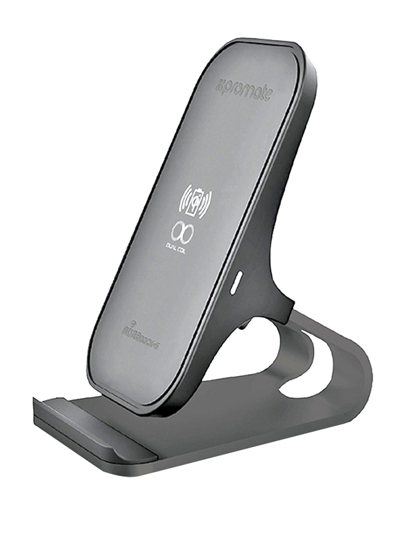 Promate AuraDock-6 Qi Wireless Charging, Fast 15W Wireless Charging Pad Stand with Dual Charging Coil, QC 3.0 Wall Charger, USB-C Sync Charge Cable and Multiple Charging Area, for Mobile Phones Black
