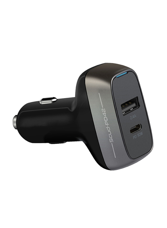 Promate Scud-PD42 Type-C Power Delivery Car Charger, 42W Fast Charging Cigarette Lighter Outlet Adapter with 5V/2.4A USB Port and Over-Charging Protection, for Laptops, Mobile Phones, iPad Pro, Black