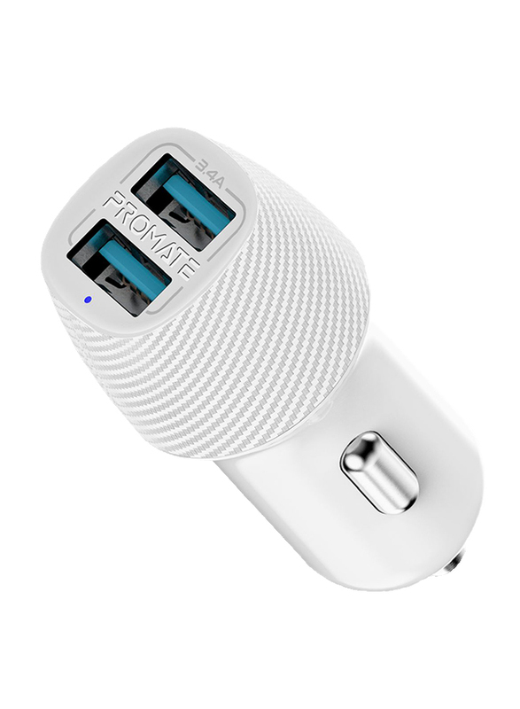 Promate VolTrip Duo 3.4A Fast Charging Car Charger, with Smart Output and Short Circuit Protection, White