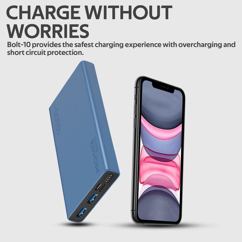 Promate 10000mAh Bolt-10 Portable Fast Charging 2.0A Dual USB Premium Battery Power Bank, with Input USB Type-C Port, Over Charging Protection, Blue