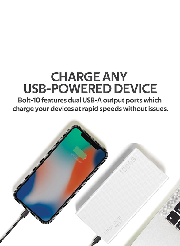 Promate 10000mAh Bolt-10 Portable Fast Charging 2.0A Dual USB Premium Battery Power Bank, with Input USB Type-C Port, Over Charging Protection, White