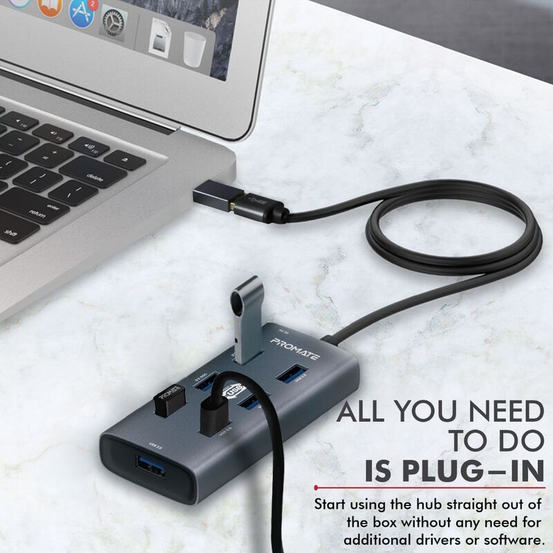 Promate EZHub-7 Port USB 3.0 Hub for MacBook/iMac/Laptop/USB Flash Drive/HDD Hard Drive, Portable Aluminium Alloy Port USB 3.0 Powered Hub with 5Gbps Data Transfer and USB-C Power Adapter, Black