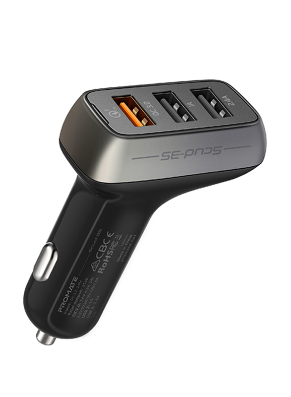 Promate Scud-C35 3 Port USB Car Charger, Fast 30W 3.4A Dual USB Car Charger Adapter with Qualcomm Quick Charger 3.0 USB Port and Over-Heating Protection for iPad, GPS, Mobile Phones and Tablets,Black
