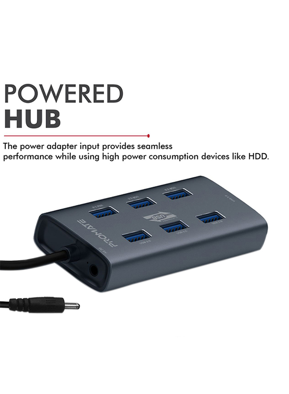 Promate EZHub-7 Port USB 3.0 Hub for MacBook/iMac/Laptop/USB Flash Drive/HDD Hard Drive, Portable Aluminium Alloy Port USB 3.0 Powered Hub with 5Gbps Data Transfer and USB-C Power Adapter, Black