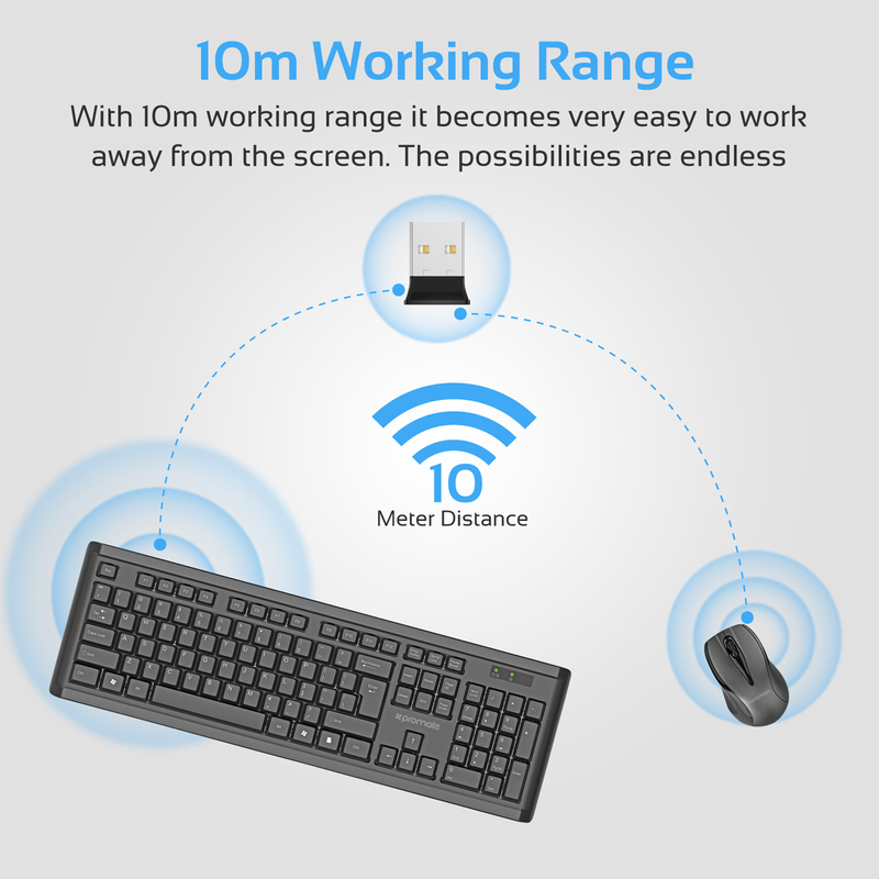 Promate ProCombo-3 Wireless Keyboard and Mouse, Full-Size Super-Slim 2.4GHz Cordless with Nano USB Receiver and Auto Sleep, Black