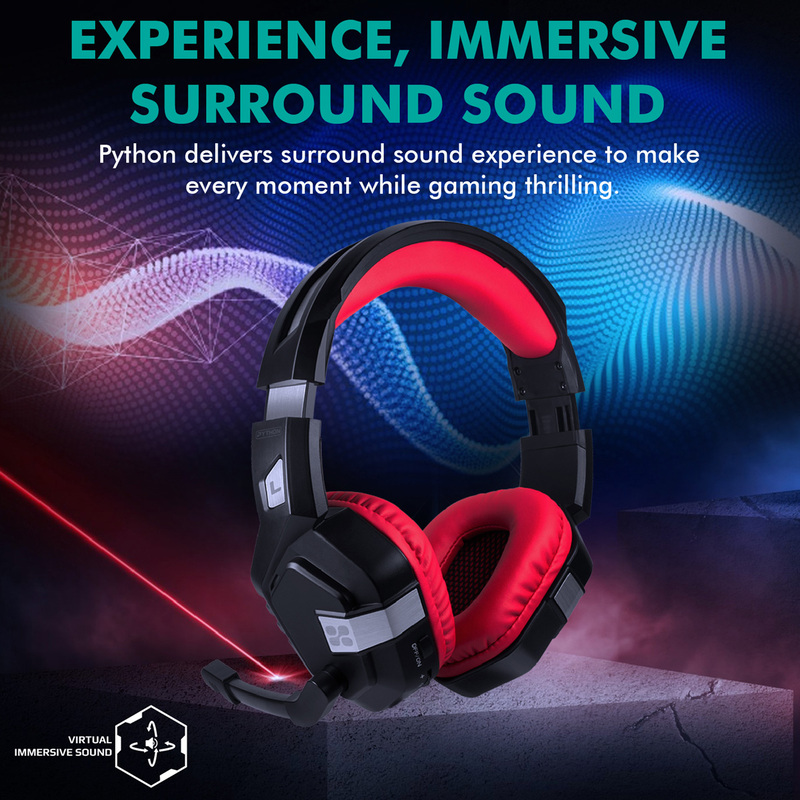 Promate Python Over-Ear Gaming Noise Cancelling Headset, Haptic Feedback with Unidirectional Mic, Soft Memory Earmuffs, Volume Control and LED Light, Red