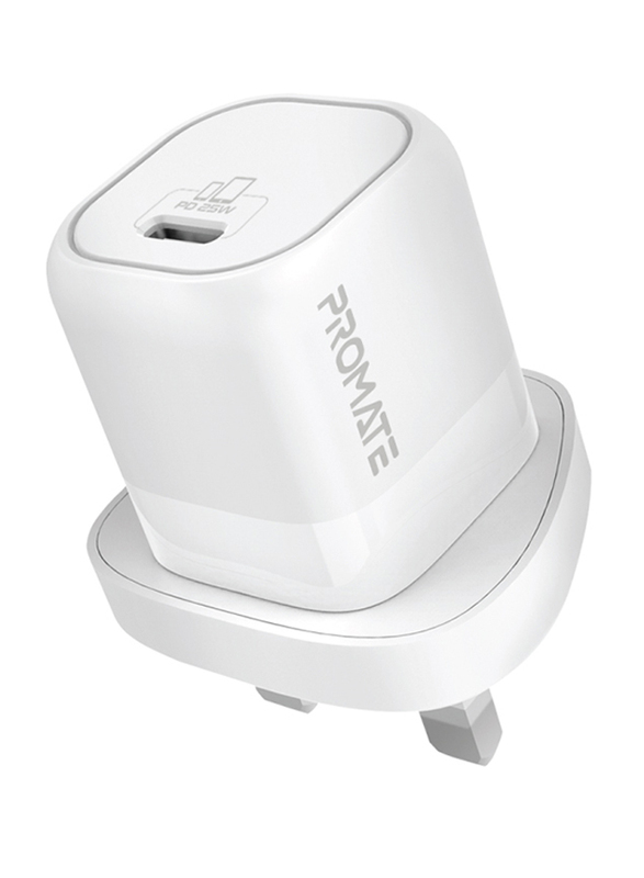 Promate GaN Ultra-Compact USB-C UK Wall Charger with Fast-Charging USB-C 25W Power Delivery Port, PowerPort-25, White