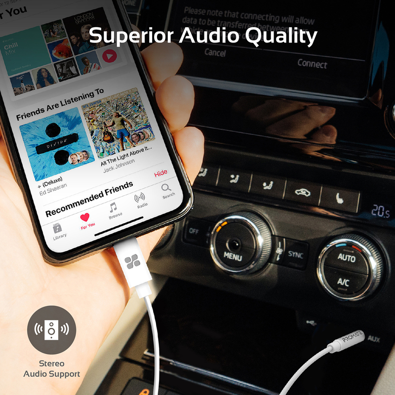 Promate 2-Meter AudioLink-LT2 Lightning AUX Cable, Lightning Male to 3.5mm AUX, Apple MFi Certified, Headphone Jack Adapter Stereo Audio, Digital Analog Converter for Bose/Marshall, White