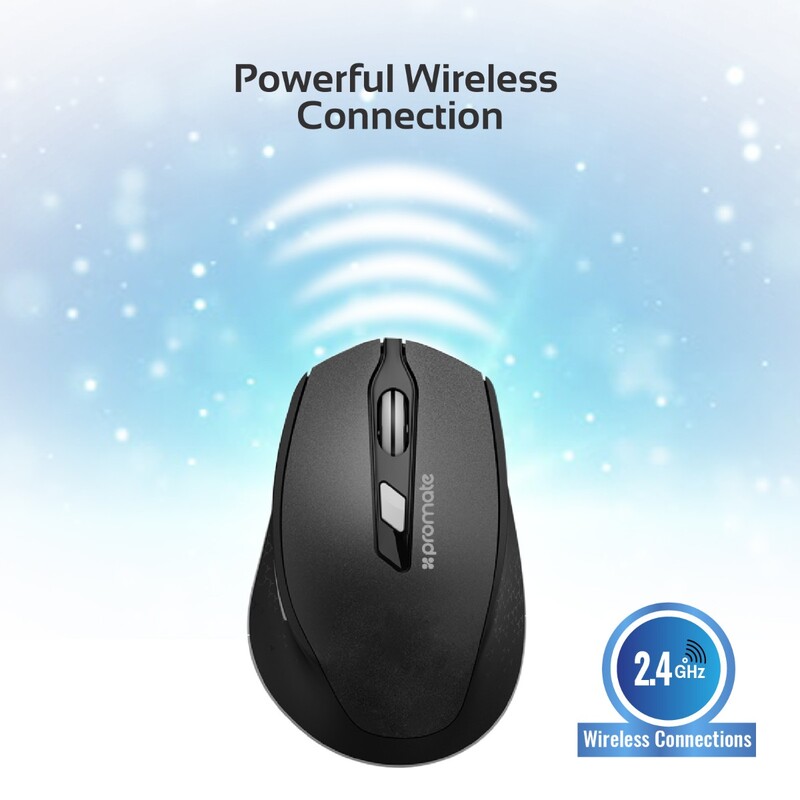 Promate CLIX-6 Wireless Mouse, 2.4G Ergonomic Designed with USB Nano Receiver, 15m Working Distance, Auto Sleep Function and 3 Adjustable DPI, Black