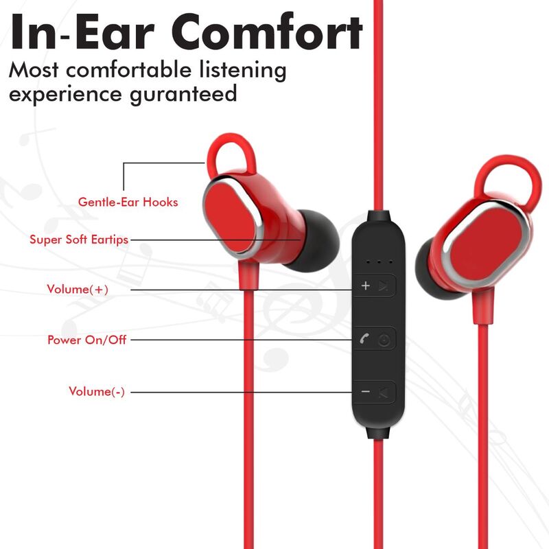 Promate Rovi Wireless Bluetooth In-Ear Noise Isolation Music Neckband Earphones, Sporty Ear-Lock Design, Built-In Microphone and Inline Volume Control, Red