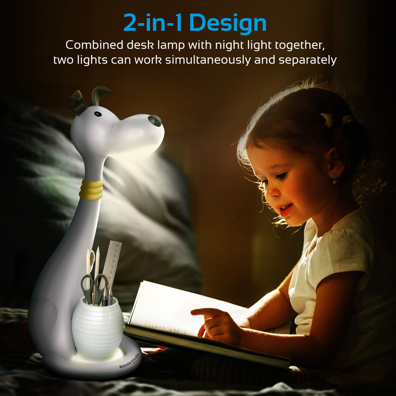 Promate Goofy Kids Night Light, Portable Pen-Holder Touch Sensitive LED Night Light, 3 Level Dimmable Reading Light, 3 Colour, Eye Safe Soothing Light for Studying/Reading/Table/Home, White