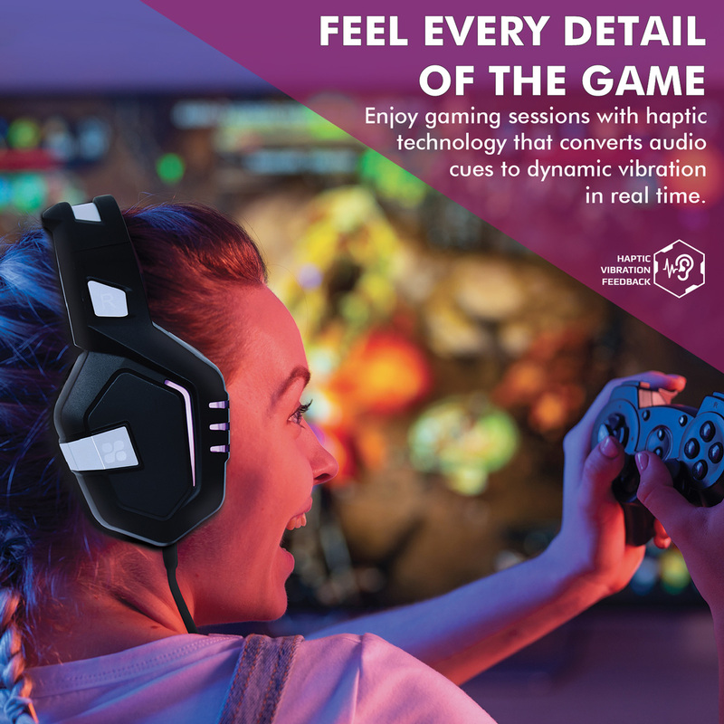 Promate Python Over-Ear Gaming Noise Cancelling Headset, Haptic Feedback with Unidirectional Mic, Soft Memory Earmuffs, Volume Control and LED Light, Red